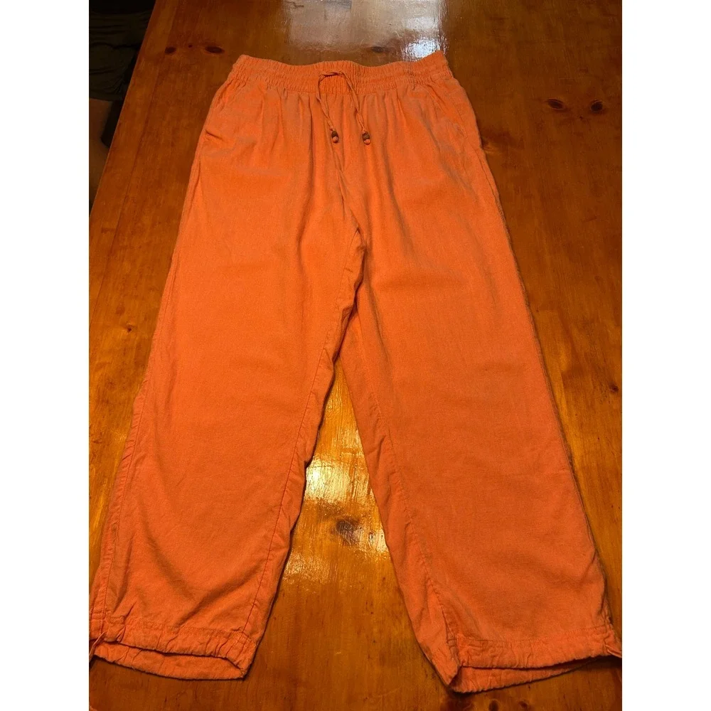 C&C California Boho Chic Coral Pink Linen Blend Drawstring Wide Leg Crop Pants